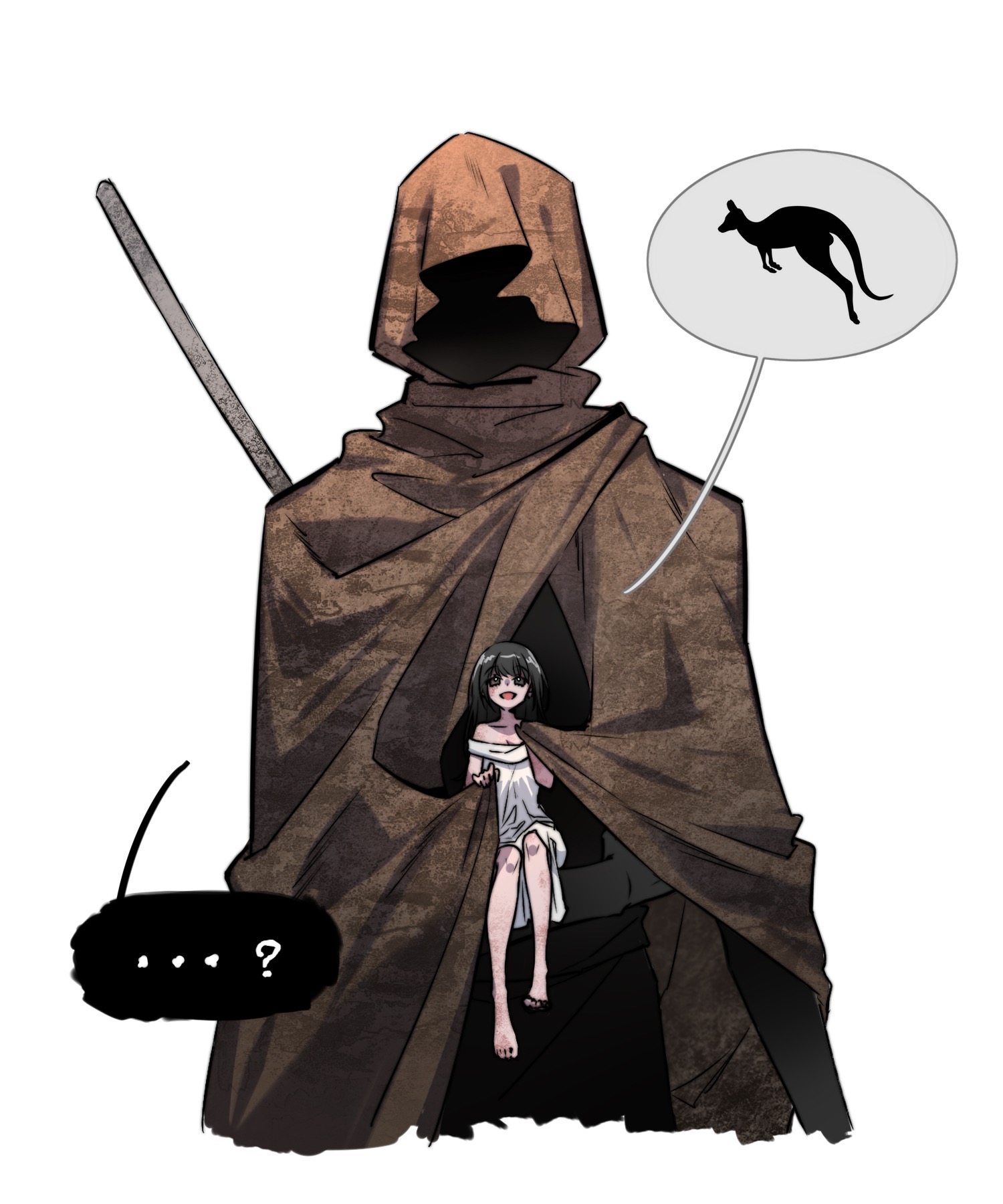 adashino adami, mr. hood, homicipher, chinese commentary, commentary request, highres, …, 1boy, 1girl, 777054, black hair, brown cloak, carrying, carrying person, cloak, dress, hood, hood up, hooded cloak, kangaroo, mini person, miniboy, simple background, speech bubble, spoken animal, spoken ellipsis, white background, white dress