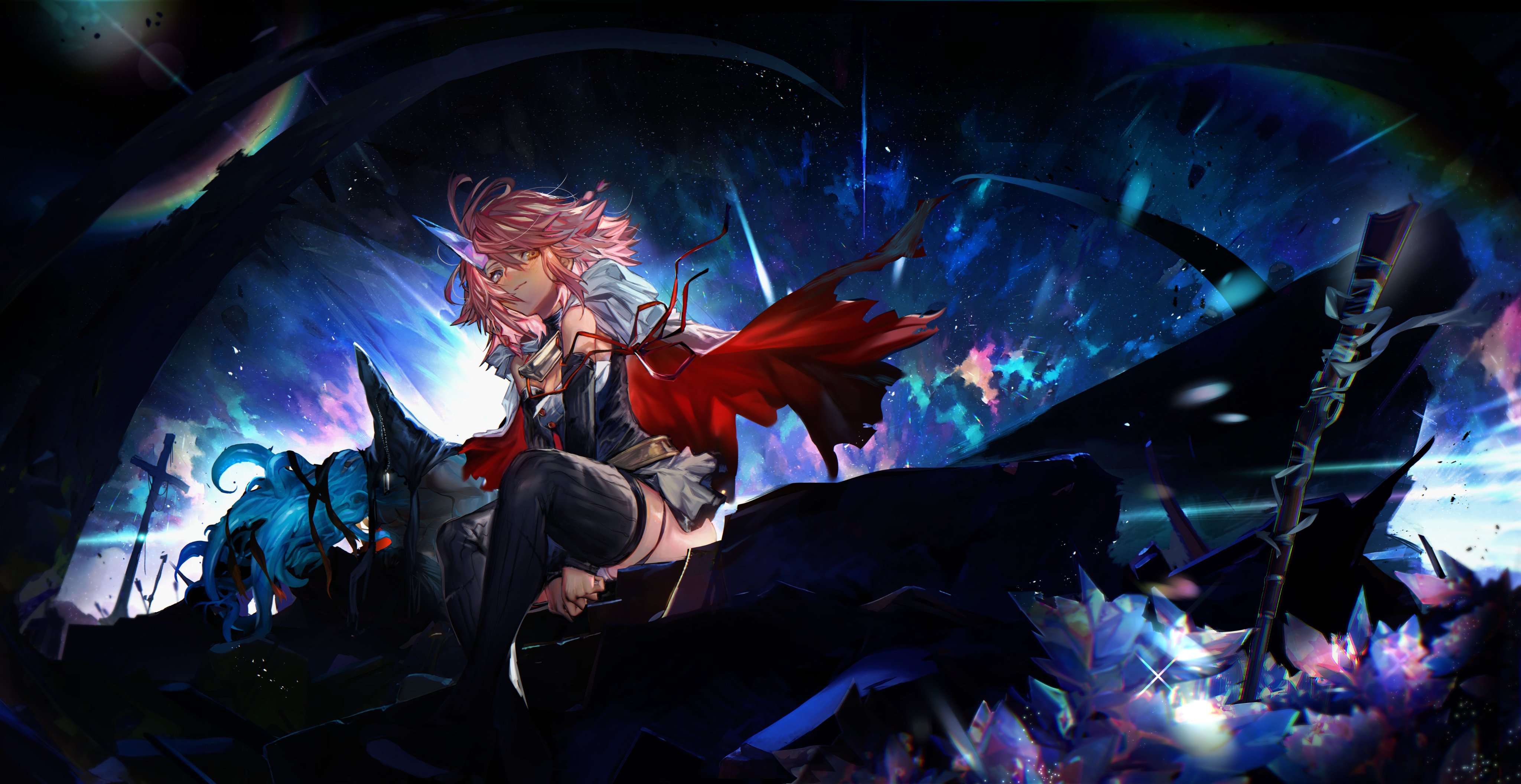 narita imomushi, absurdres, commentary request, highres, 1boy, 1girl, arms between legs, black hood, black shirt, black shoes, black sleeves, black thighhighs, blue eyes, breasts, cape, cave, cave interior, cleavage, closed mouth, crystal, crystal horns, detached sleeves, glint, hair between eyes, heterochromia, hood, hood down, hood up, hooded cape, horns, killing me/killing you, medium breasts, medium hair, miniskirt, mithia (killing me/killing you), muscular, muscular male, mutation, orange eyes, pink hair, red cape, ribbed thighhighs, shirt, shoes, single horn, sitting, skirt, smile, thigh strap, thighhighs, two-sided cape, two-sided fabric, white cape, white skirt, youthanasia (killing me/killing you), zettai ryouiki, zipper, zipper pull tab