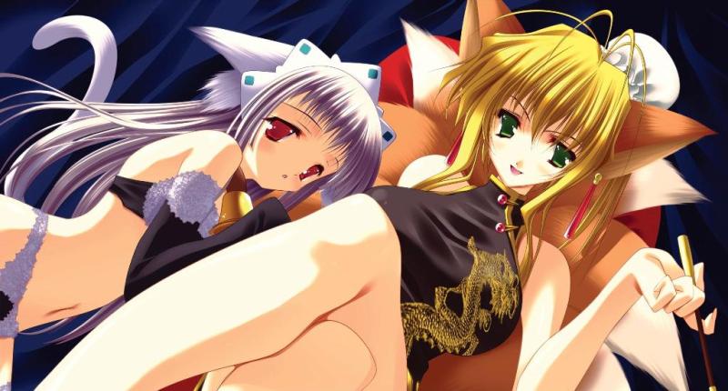 aoi yuuji, yui (puni puni handmaid), puni puni handmaid, silver hair, game cg, 2girls, ahoge, animal ears, antenna hair, bell, black bra, black panties, blonde hair, blush, bra, breasts, bun cover, cat ears, cat tail, china dress, chinese clothes, collar, crossed legs, dress, dutch angle, earrings, elbow gloves, fox, fox ears, fox tail, gloves, green eyes, jewelry, kitsune, kyuubi, lace, lacy, large breasts, lingerie, long hair, maid, multiple girls, multiple tails, neck bell, panties, red eyes, short hair, sitting, smile, tail, tamamo (puni puni handmaid), underwear