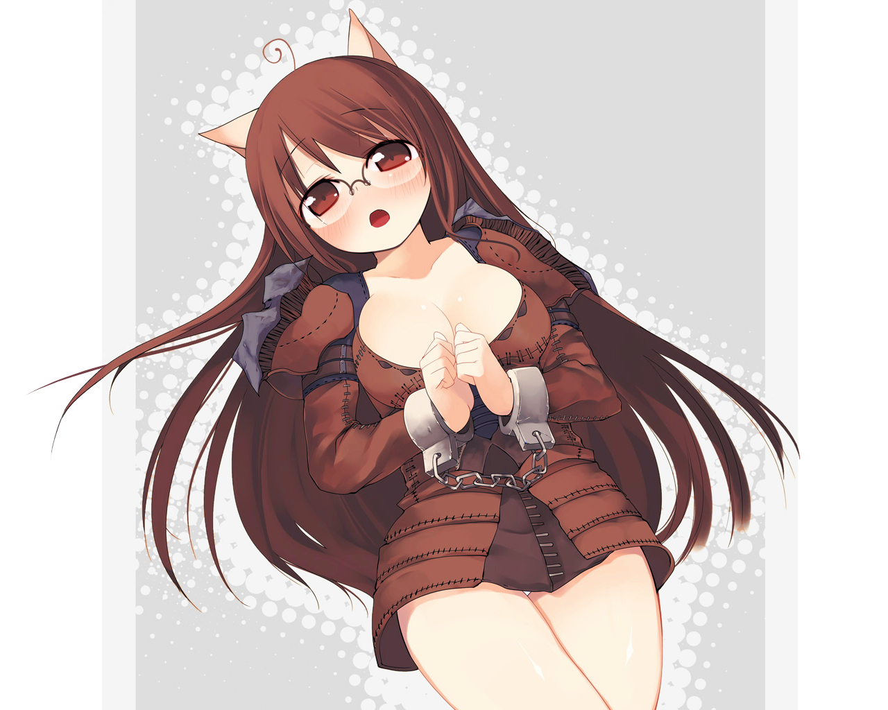 kashiwamochi yomogi, arima senne, original, ahoge, animal ears, blush, breasts, brown hair, cat ears, chain, cleavage, cuffs, dress, glasses, handcuffs, kemonomimi mode, large breasts, long hair, open mouth, panties, pantyshot, red eyes, red hair, solo, thighs, underwear, very long hair, white panties