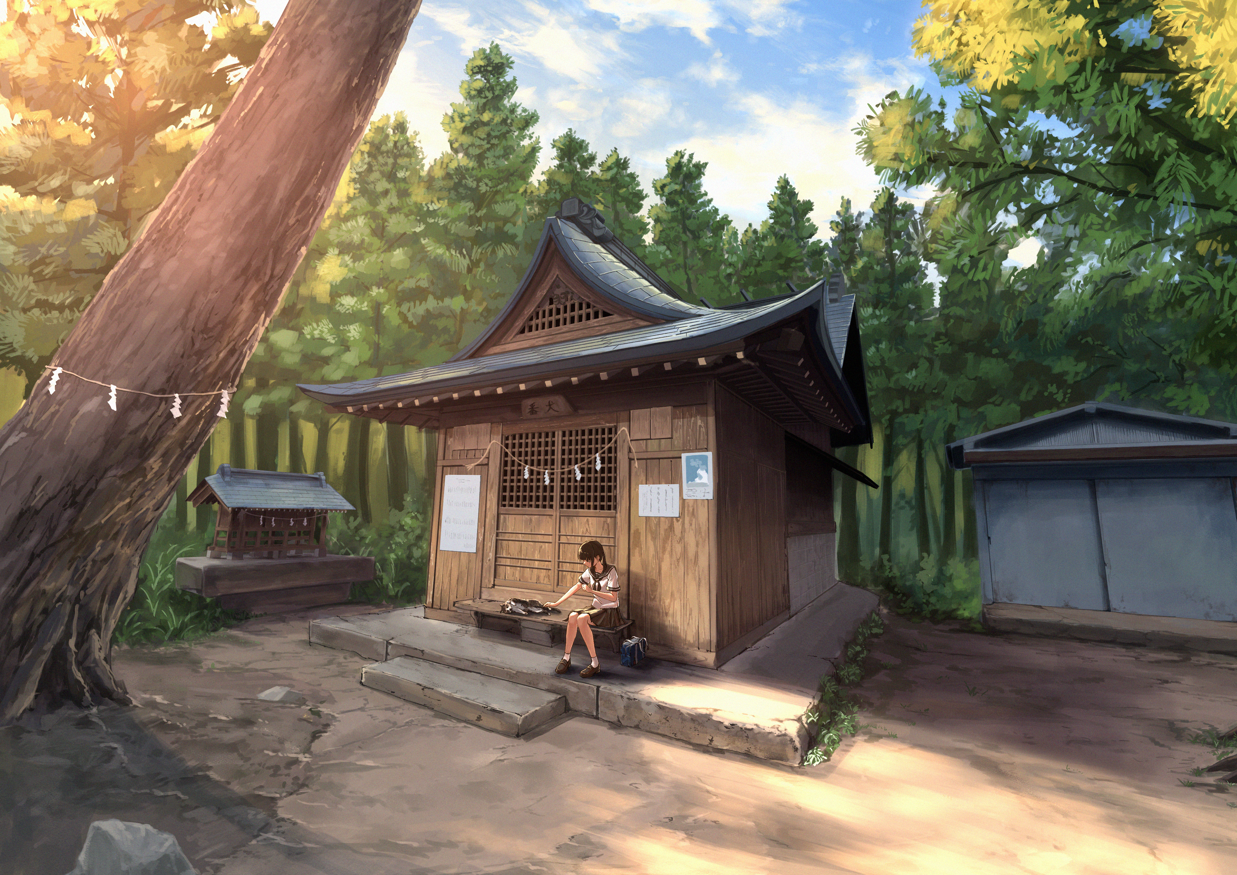 banken, original, absurdres, highres, 1girl, architecture, bag, black hair, black neckerchief, black sailor collar, black shoes, black skirt, blue bag, boulder, box, building, bush, cat, cloud, cloudy sky, donation box, east asian architecture, grey eyes, hands up, knees together feet apart, loafers, neckerchief, outdoors, pleated skirt, poster (object), sailor collar, scenery, school bag, school uniform, serafuku, shide, shinto, shirt, shoes, short sleeves, shrine, sitting, skirt, sky, socks, solo, sun, sunlight, tree, white shirt, white socks, wide shot