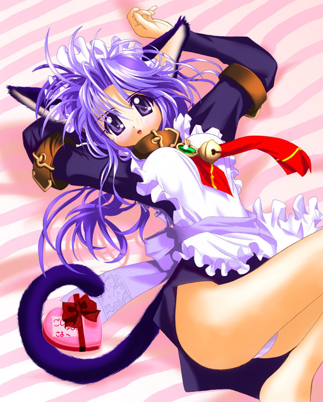 animal ears, apron, bell, belt, bow, cat ears, collar, long hair, maid, maid apron, necktie, panties, purple eyes, purple hair, striped clothes, striped panties, underwear