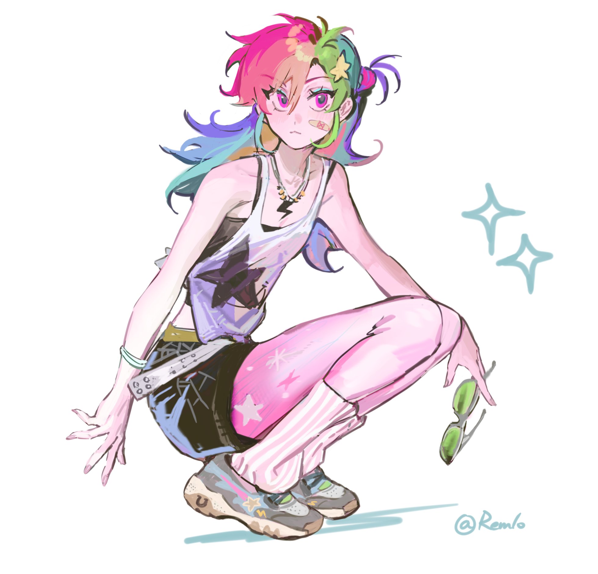 leiyezhongma1, rainbow dash, my little pony, my little pony: friendship is magic, chinese commentary, commentary request, highres, 1girl, antenna hair, aqua eyeshadow, aqua hair, bandaid, bandaid on cheek, bandaid on face, bare arms, bare shoulders, belt, black camisole, black shorts, blonde hair, bracelet, camisole, closed mouth, eyeshadow, fingernails, flat chest, frown, full body, green-tinted eyewear, green hair, grey-framed eyewear, grey belt, grey shoes, hair between eyes, hair ornament, hair tie, holding, holding removed eyewear, jewelry, kneehighs, leg tattoo, lightning bolt necklace, lightning bolt symbol, long hair, looking at viewer, makeup, multicolored hair, necklace, one side up, orange hair, pink eyes, pink hair, purple hair, rainbow hair, ribbed socks, shoes, short shorts, shorts, sneakers, socks, solo, sparkle, squatting, star (symbol), star hair ornament, star tattoo, streaked hair, sunglasses, tank top, tattoo, tinted eyewear, unworn eyewear, white socks, white tank top