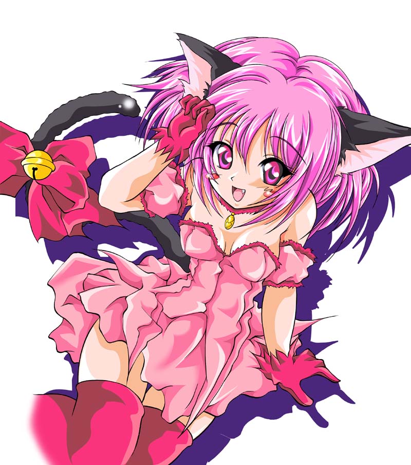 mew ichigo, momomiya ichigo, tokyo mew mew, 00s, 1girl, animal ears, arm garter, bell, blush, bow, cat ears, cat tail, choker, dress, fang, female focus, gloves, jingle bell, leotard, magical girl, matching hair/eyes, open mouth, pink eyes, pink gloves, pink hair, pink thighhighs, short hair, simple background, solo, tail, tail bell, tail bow, tail ornament, thighhighs, white background