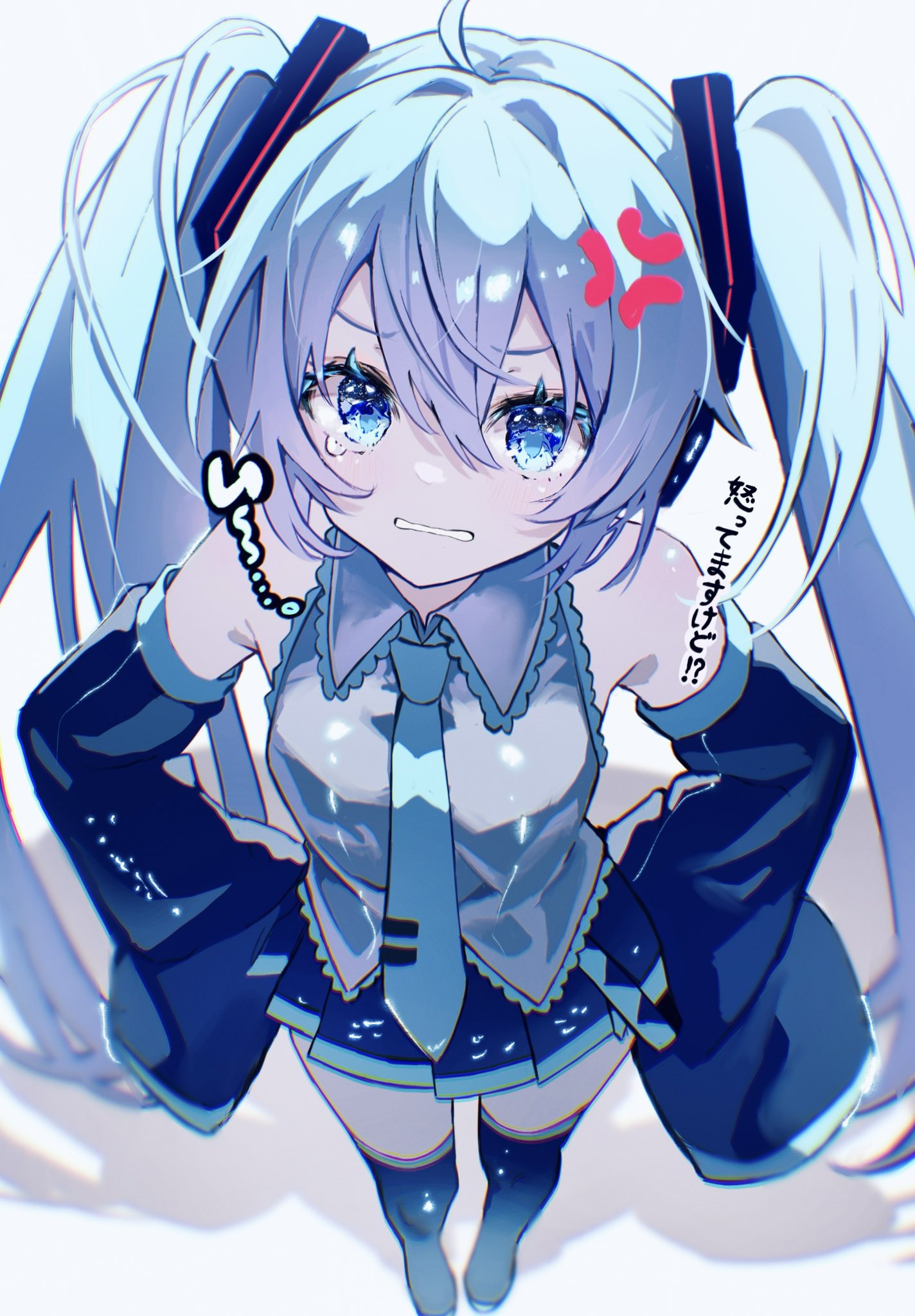 kenpii mo, hatsune miku, vocaloid, highres, 1girl, anger vein, angry, bare shoulders, black skirt, black sleeves, blue eyes, blue hair, blue necktie, clenched teeth, cowboy shot, detached sleeves, from above, grey shirt, hair between eyes, hands on own hips, long hair, looking at viewer, miniskirt, necktie, pleated skirt, shirt, skirt, sleeveless, sleeveless shirt, sleeves past wrists, solo, tearing up, teeth, thighhighs, twintails, very long hair, white background