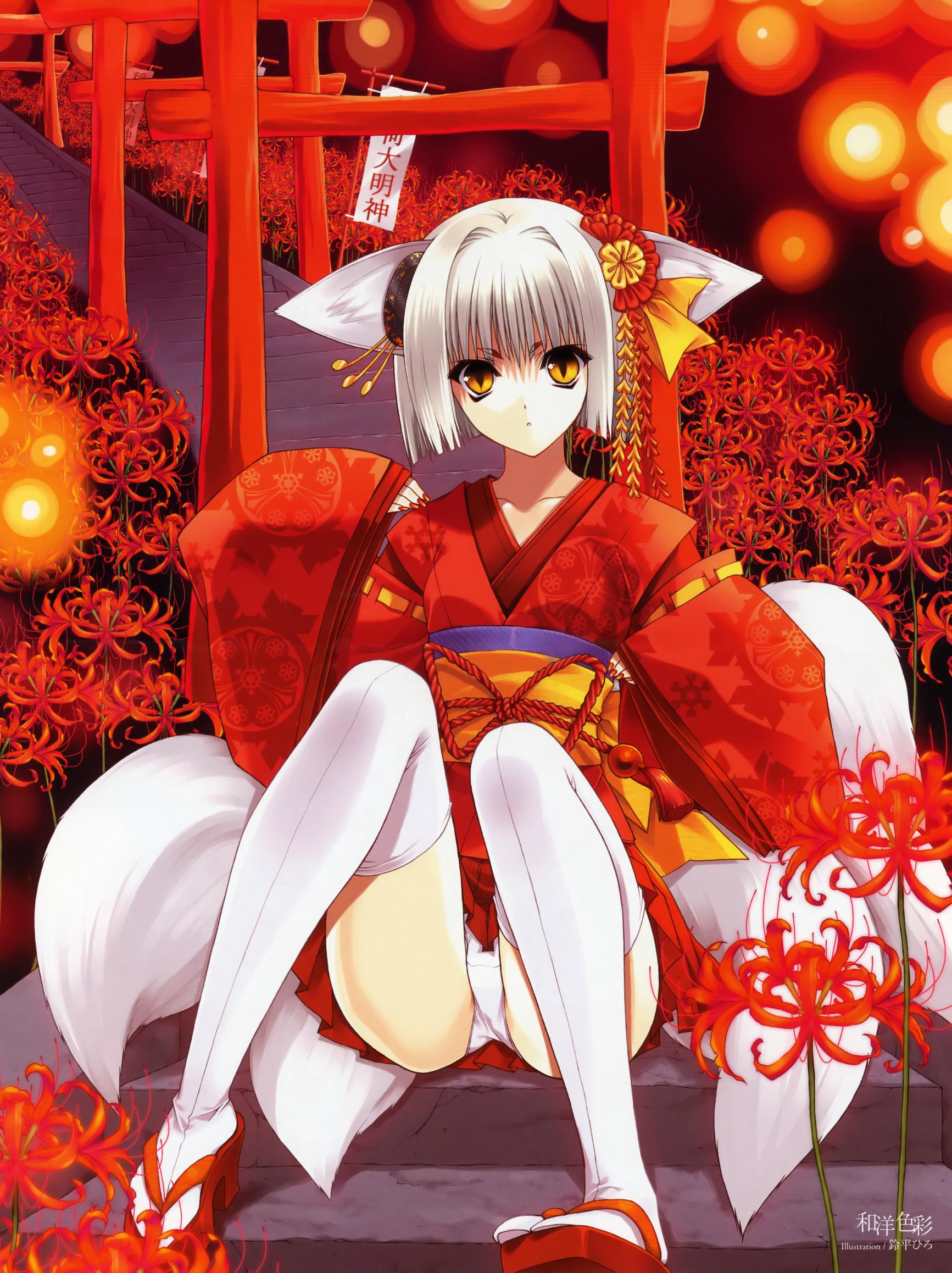 highres, animal ears, flower, fox ears, fox tail, japanese clothes, kimono, panties, platform clogs, short hair, skirt, tabi, tail, thighhighs, underwear, white hair, yellow eyes