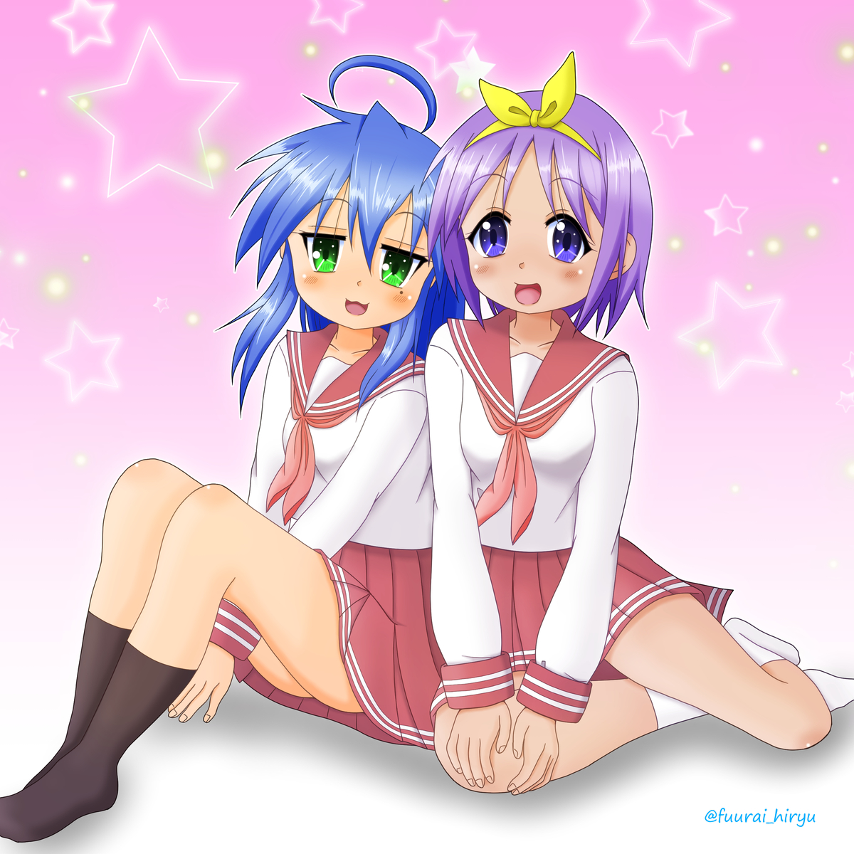 fuurai hiryu, hiiragi tsukasa, izumi konata, lucky star, 2girls, ahoge, black socks, blue eyes, blue hair, blush, collarbone, dot nose, green eyes, hair between eyes, hair ribbon, long hair, long sleeves, looking at viewer, mole, mole under eye, multiple girls, no shoes, open mouth, purple hair, red sailor collar, red skirt, ribbon, ryouou school uniform, sailor collar, school uniform, serafuku, shirt, short hair, sitting, skirt, socks, star (symbol), white shirt, white socks