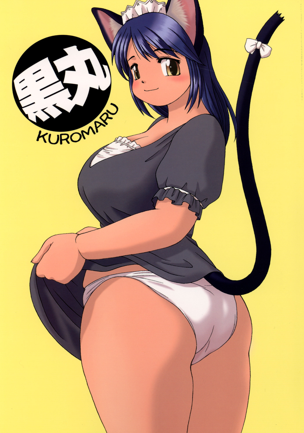 katou (katohayabusa), highres, 1girl, animal ears, ass, blue hair, blush, bow, breasts, cat ears, cat tail, cleavage, clothes lift, female focus, large breasts, looking at viewer, maid, plump, short hair, skirt, skirt lift, smile, solo, tail, thick thighs, thighs, yellow eyes