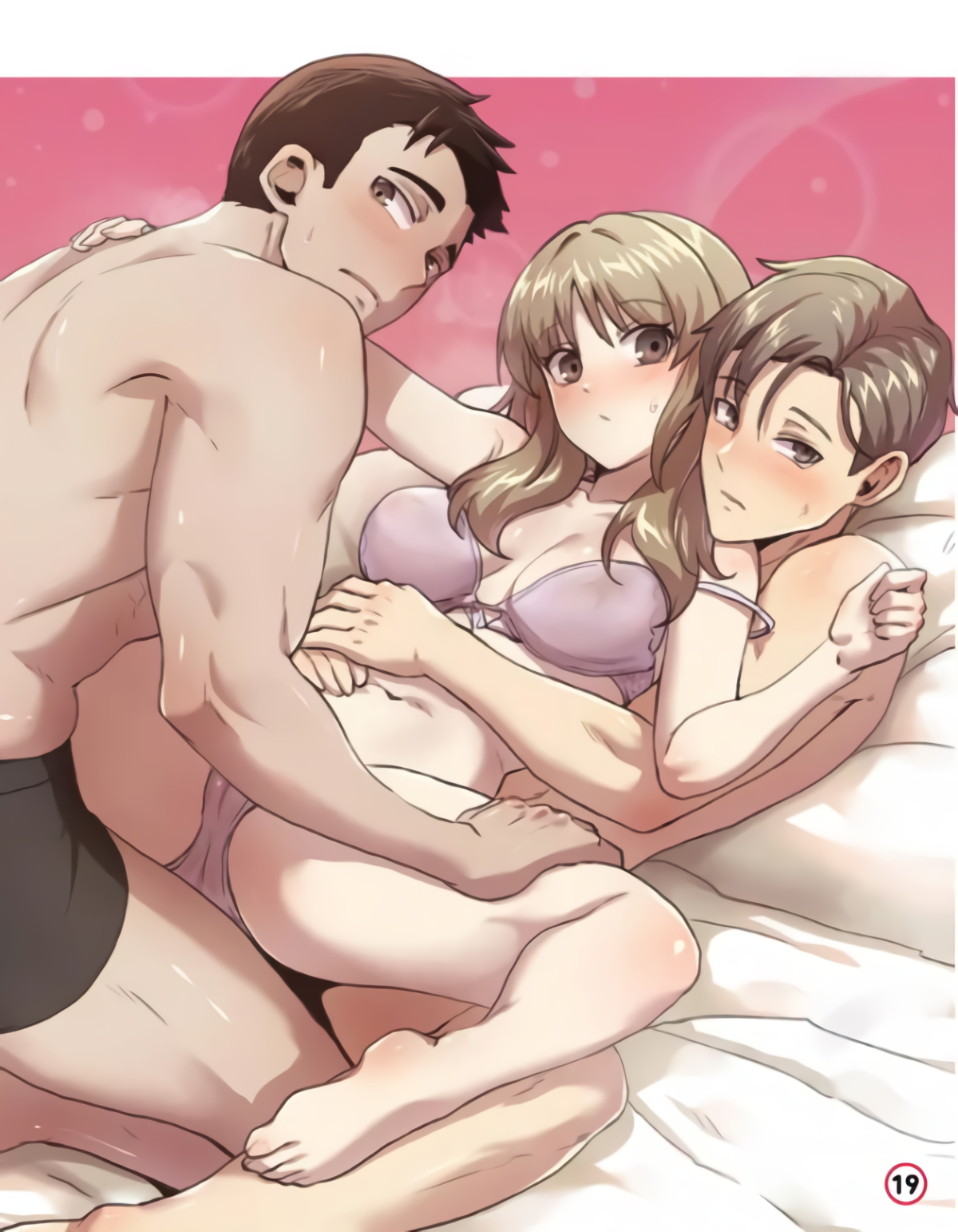 pinkmarine, character request, highres, official art, 1girl, 2boys, arms around waist, bare legs, bare shoulders, barefoot, bed, bed sheet, black eyes, black hair, black shorts, blush, bra, breasts, brown eyes, brown hair, cleavage, closed mouth, collarbone, dot nose, grey bra, grey panties, hand on another's thigh, hug, hug from behind, imminent gangbang, imminent penetration, large breasts, legs, long hair, looking at viewer, lying, lying on person, midriff, multiple boys, navel, on back, panties, pillow, short hair, shorts, stomach, sweat, sweatdrop, thighs, toes, underwear, with my brother's friends