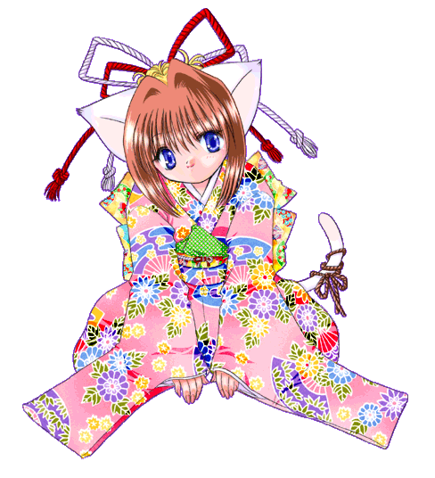 animated, animated gif, animal ears, blue eyes, blush, bow, brown hair, cat ears, japanese clothes, kimono, rope, short hair