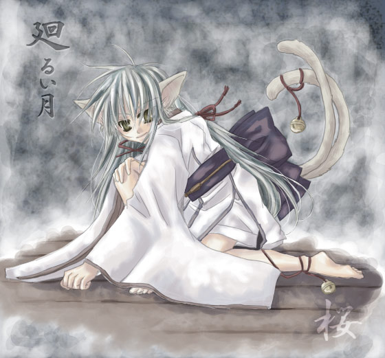 animal ears, bell, cat ears, grey hair, japanese clothes, kimono, long hair, nekomata, white hair, yellow eyes
