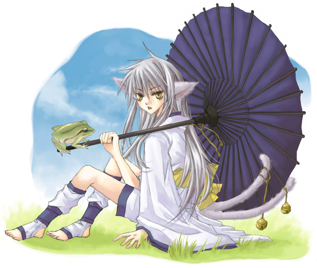 animal ears, barefoot, bell, cat ears, frog, grey hair, japanese clothes, kimono, kneehighs, long hair, nekomata, socks, umbrella, white hair, yellow eyes