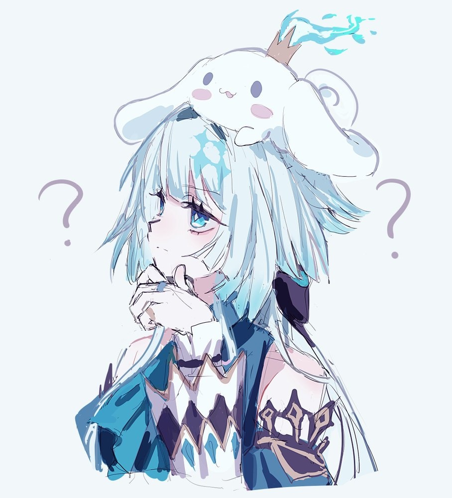 x x (batttsu 404), cerydra (honkai: star rail), cinnamoroll, fuwa fuwa cinnamoroll, honkai: star rail, honkai (series), sanrio, 1girl, ?, animal, animal on head, ascot, bare shoulders, blue ascot, blue eyes, blue hair, closed mouth, crown, detached sleeves, felix (bullet time), hand on own chin, long hair, long sleeves, looking up, on head, simple background, sketch, solo, thinking, upper body, white background, white hair