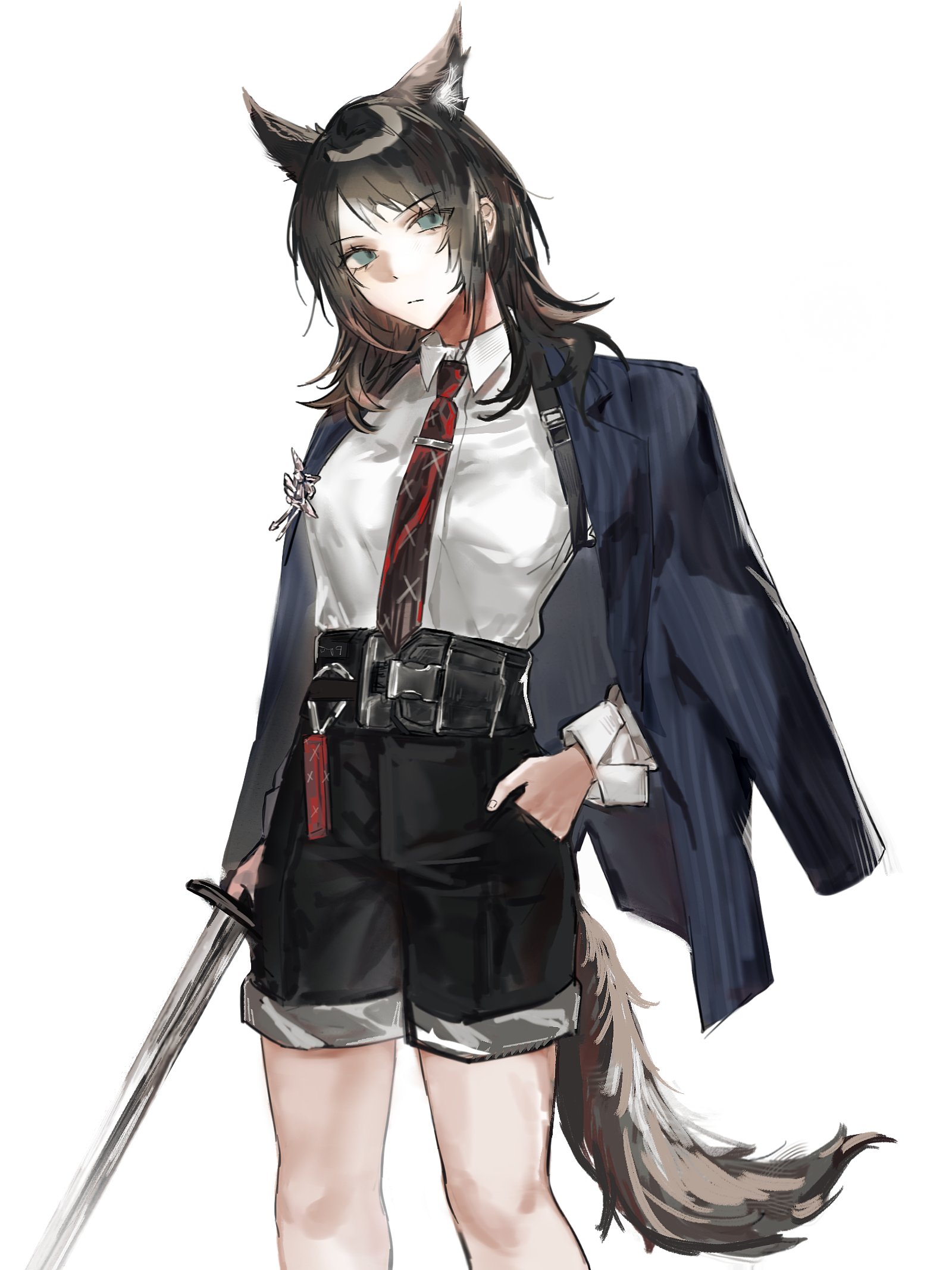 feiyu30903448, yahata umiri, arknights, bang dream!, bang dream! it's mygo!!!!!, highres, 1girl, animal ears, black hair, black necktie, black shorts, blue jacket, hand in pocket, holding, holding sword, holding weapon, jacket, jacket on shoulders, medium hair, necktie, red necktie, shirt, shorts, simple background, solo, sword, tail, tie clip, weapon, white background, white shirt, wolf ears, wolf girl, wolf tail, yahata umiri (moonlight executioner)