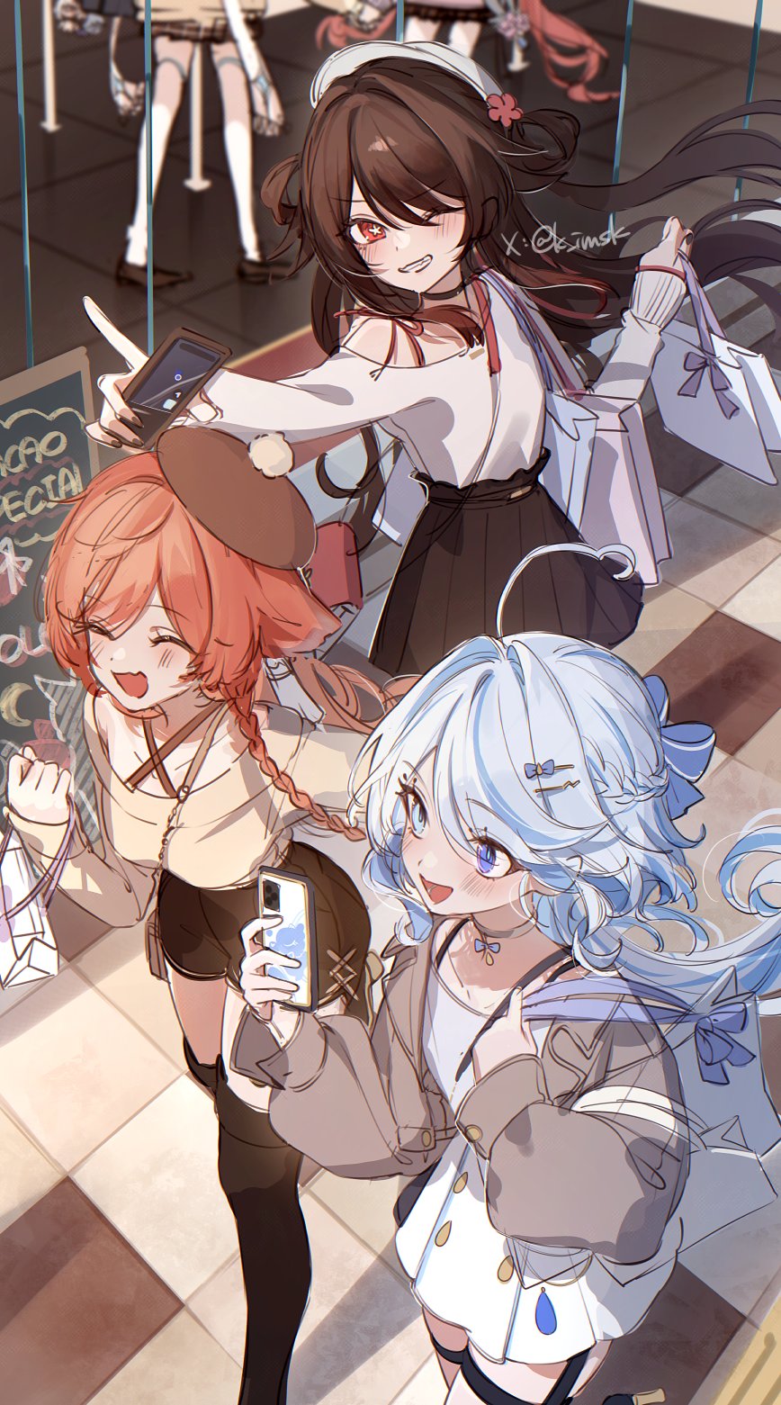 imasaki kei, furina (genshin impact), hu tao (genshin impact), genshin impact, highres, 3girls, ahoge, alternate costume, animal ears, bag, black skirt, blue bow, blue eyes, blue hair, bow, braid, brown hair, cellphone, closed eyes, drop-shaped pupils, hair ornament, hairclip, hat, heterochromia, holding, holding phone, jacket, long hair, long sleeves, multiple girls, open mouth, phone, pink hair, shirt, shopping, shopping bag, shorts, skirt, smartphone, smile, symbol-shaped pupils
