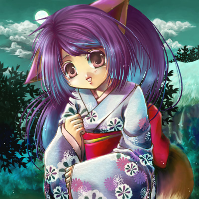 lowres, animal ears, blue hair, fox ears, japanese clothes, kimono, pink eyes, purple hair