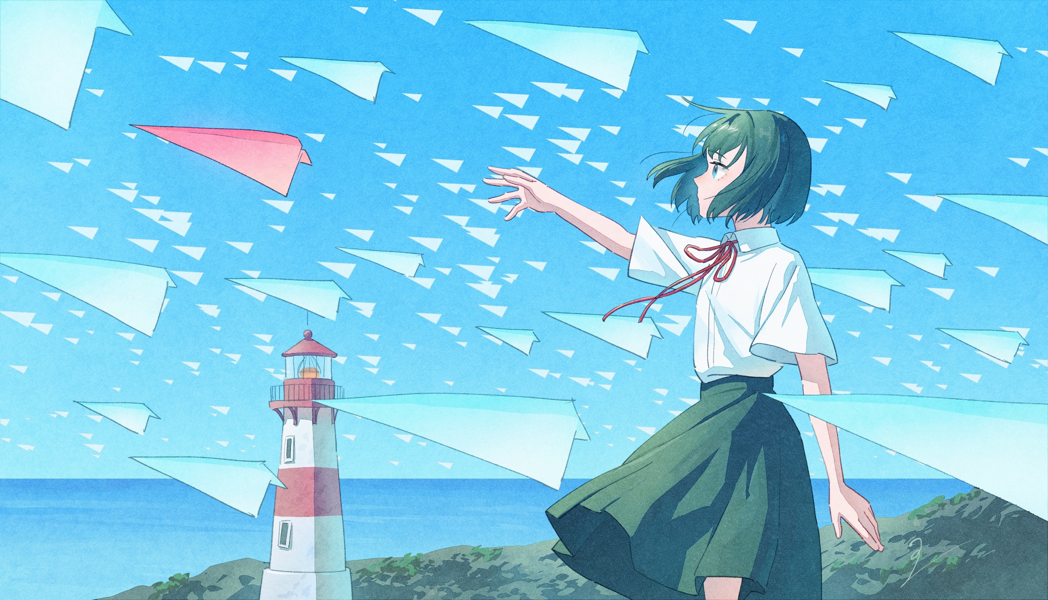 ito yoshi, original, commentary request, highres, 1girl, arm at side, black hair, black skirt, blue sky, bob cut, closed mouth, collared shirt, day, feet out of frame, film grain, floating clothes, floating hair, from side, hand up, horizon, lighthouse, neck ribbon, ocean, outdoors, outstretched arm, paper airplane, red ribbon, ribbon, scenery, shirt, short hair, short sleeves, skirt, sky, smile, solo, standing, too many, white shirt
