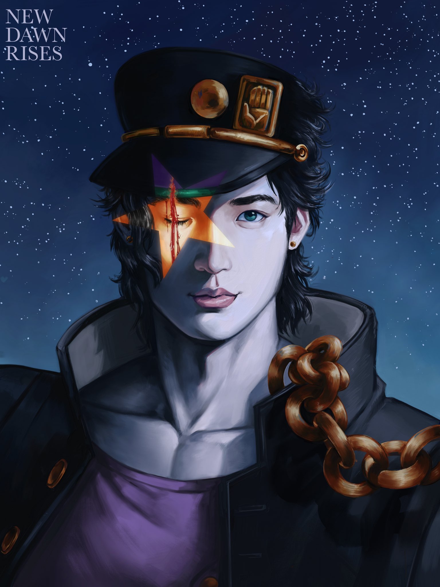 newdawnrises, kuujou joutarou, jojo no kimyou na bouken, stardust crusaders, stone ocean, commentary, english commentary, highres, 1boy, bishounen, black coat, black hair, black hat, chain, coat, collarbone, earrings, gakuran, gold chain, green eyes, hat, high collar, jewelry, lips, male focus, night, night sky, one eye closed, peaked cap, pink lips, purple shirt, scar, scar across eye, scar on face, school uniform, shirt, signature, sky, solo, star (sky), star (symbol), starry sky, stud earrings
