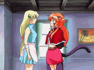 mew (words worth), nina (words worth), sharon (words worth), words worth, fur, screencap, animated, animated gif, lowres, 3girls, angry, animal ears, apron, belt, blonde hair, boots, breasts, brown hair, cat ears, cat tail, dress, gloves, long hair, miniskirt, multiple girls, nekohat, orange hair, ponytail, qvga, red hair, short hair, skirt, sneaking, tail, thighhighs, yellow eyes