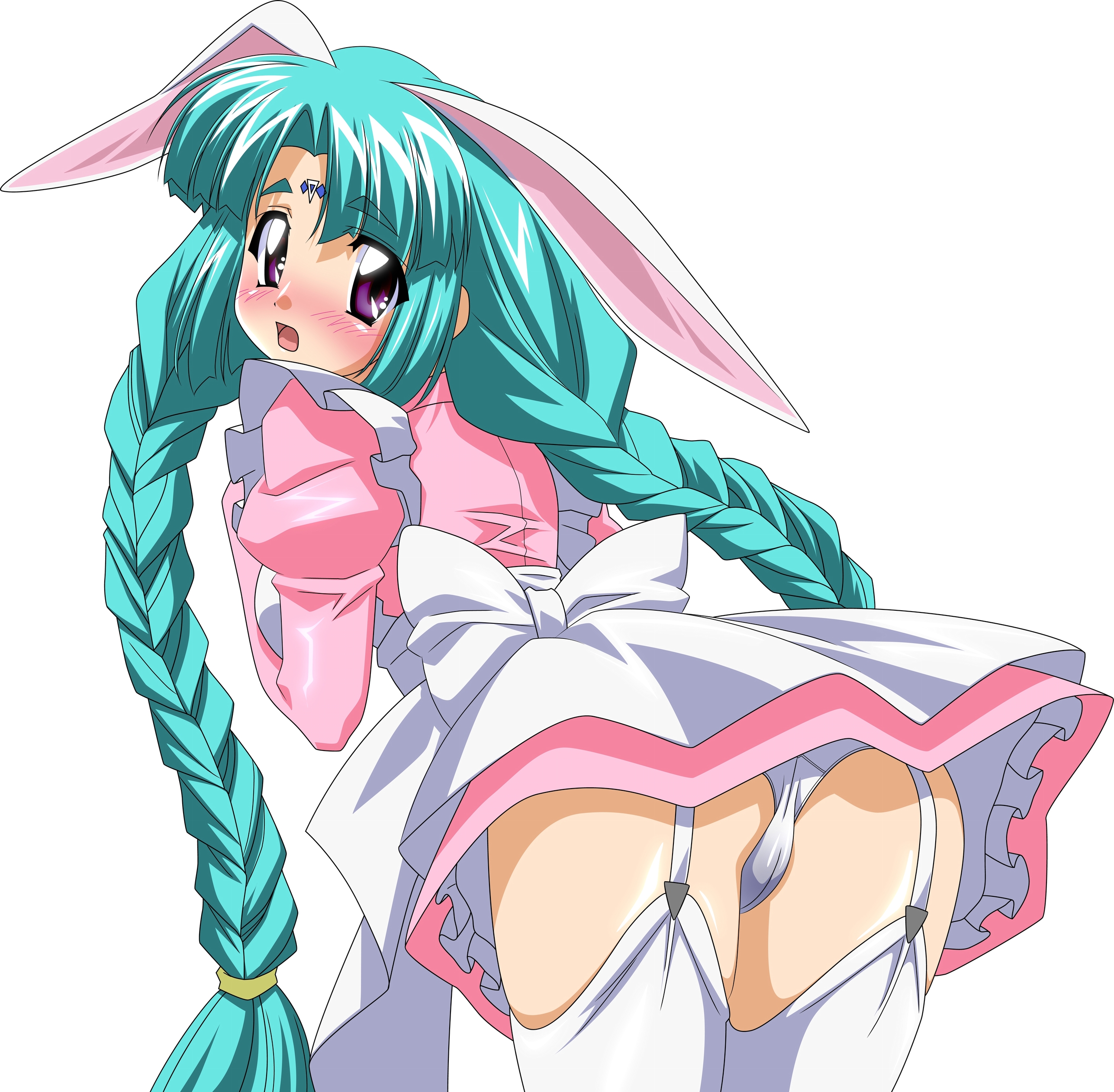 lost universe, bunny girl, absurdres, derivative work, highres, vector trace, 1990s (style), animal ears, blush, bow, braid, canal volphied, dress, green hair, long hair, maid, panties, plait, purple eyes, rabbit ears, retro artstyle, thighhighs, underwear