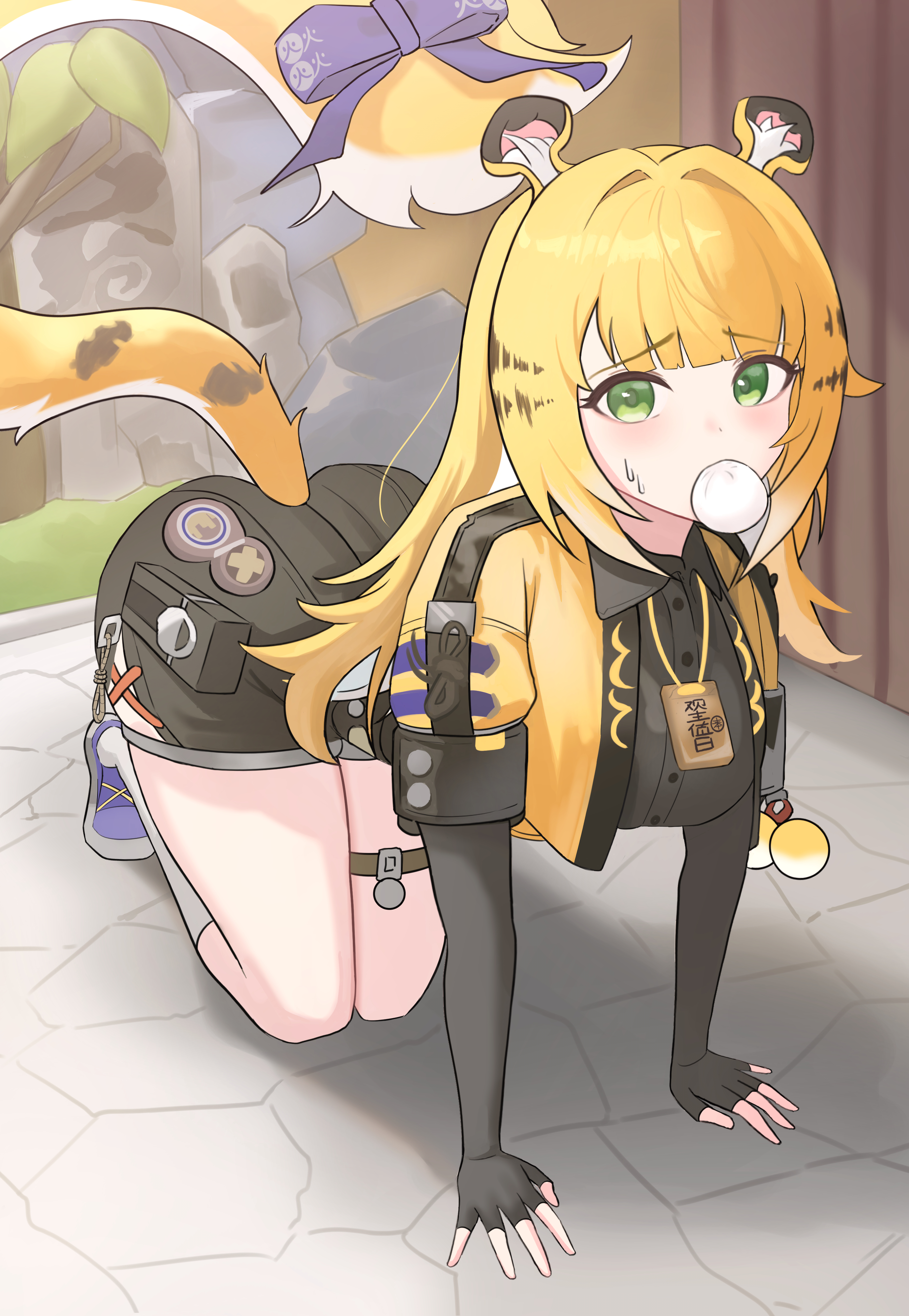 ju fufu, zenless zone zero, absurdres, highres, 1girl, all fours, animal ear fluff, animal ears, black shirt, black shorts, blonde hair, blue ribbon, bow, charm (object), colored inner hair, grass, green eyes, high-waist shorts, jacket, looking at viewer, medallion, multicolored hair, orange fur, ribbon, shirt, shorts, solo, striped fur, striped hair, sweatdrop, syann, tail, tail bow, tail ornament, thigh strap, tiger ears, tiger girl, tiger stripes, tiger tail, tree, yellow jacket