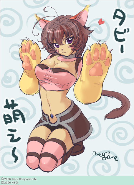 tabby, hack, tabby (.hack//), .hack//, .hack//roots, bandai, cyber connect 2, translated, 00s, 1girl, :3, ahoge, animal ears, animal hands, boots, breasts, brown hair, cat ears, cat tail, choker, cleavage, female focus, gloves, hack roots, large breasts, midriff, miniskirt, purple eyes, short hair, skirt, solo, tail, thighhighs, thighs, zettai ryouiki