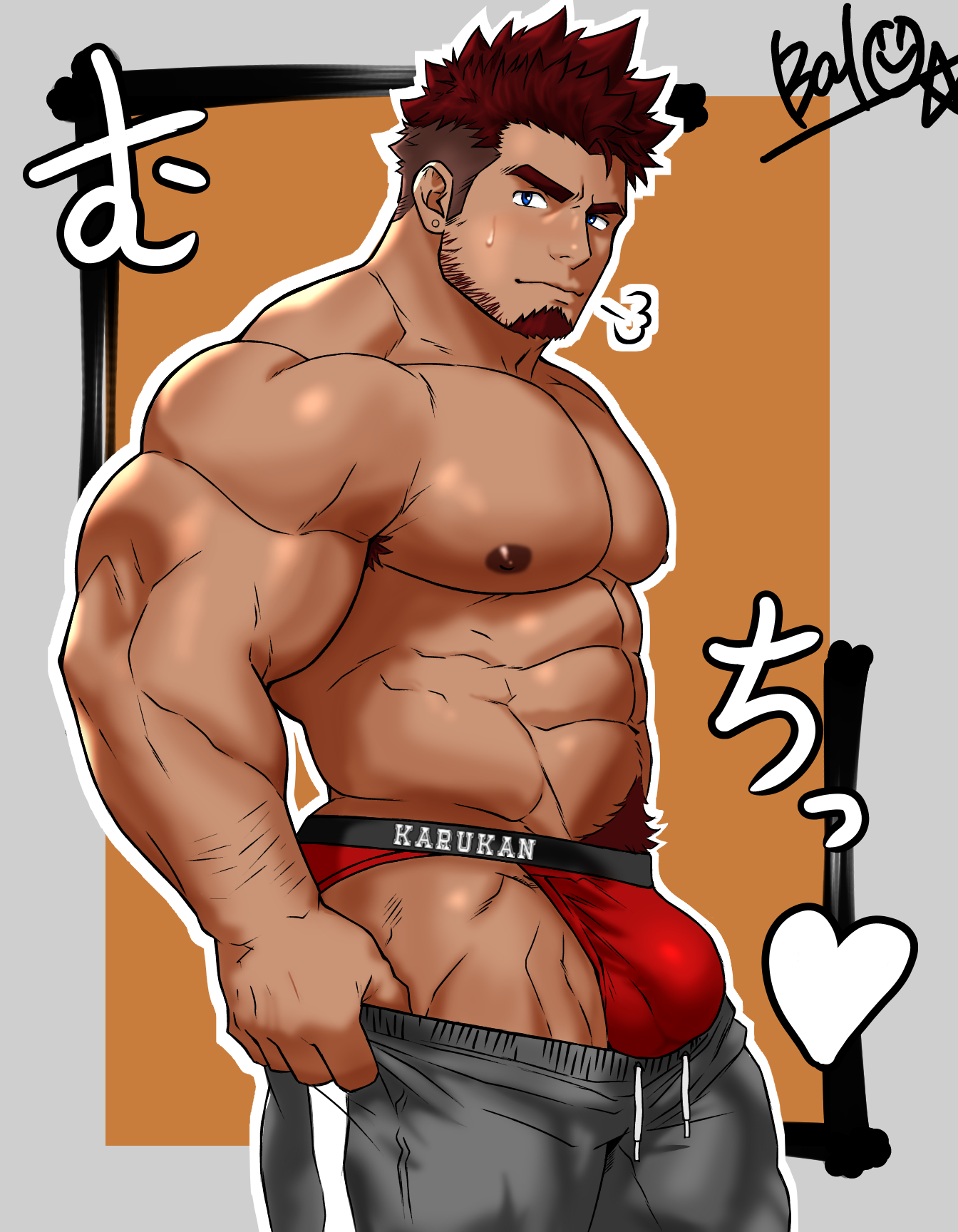 balo dqx ff14, original, highres, translation request, 1boy, abs, bara, black pants, blue eyes, briefs, brown hair, bulge, closed mouth, dark-skinned male, dark skin, dressing, earrings, facial hair, goatee, i've never seen a guy recreate this successfully tbh (meme), jewelry, large bulge, large pectorals, looking at viewer, male focus, male underwear, meme, multicolored hair, muscular, muscular male, nipples, pants, pants lift, pectorals, puff of air, red hair, red male underwear, short hair, signature, solo, spiked hair, stud earrings, sweatdrop, thick eyebrows, thick navel hair, topless male, track pants, two-tone hair, undersized clothes, underwear, v-shaped eyebrows