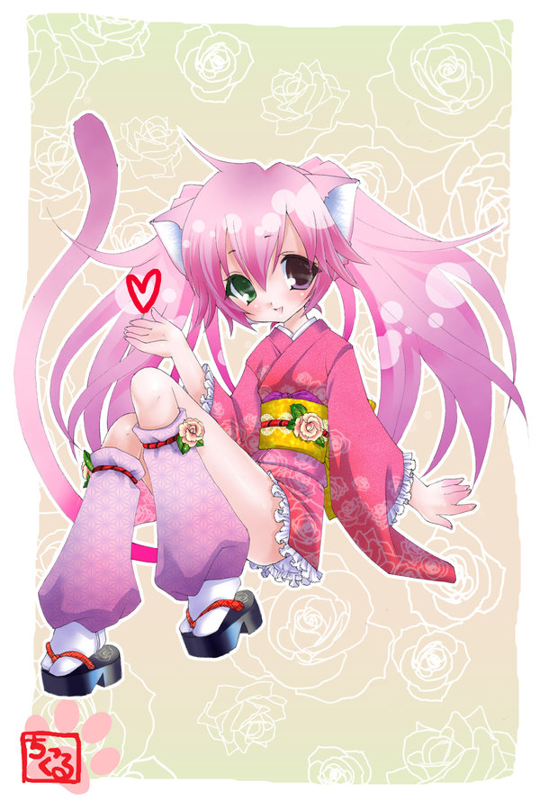 chikkuru, blush, flat chest, frills, green eyes, heterochromia, japanese clothes, kimono, kneehighs, long hair, odd eyes, pink hair, purple eyes, socks, tabi, twintails