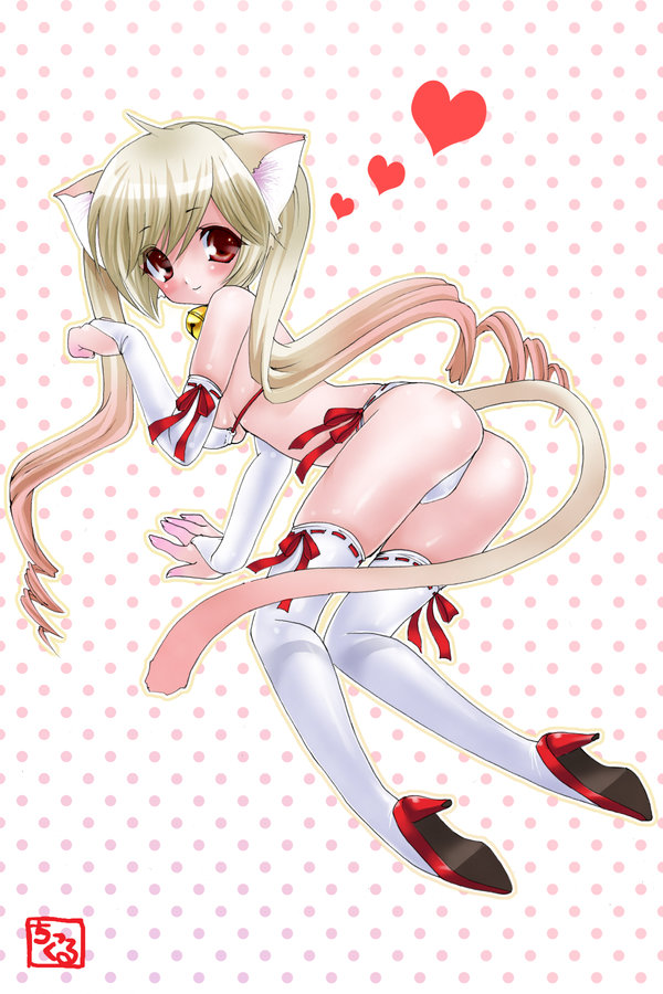 chikkuru, original, 1girl, all fours, animal ears, artist name, bell, blonde hair, blush, bow, bra, bridal gauntlets, cat ears, cat girl, cat tail, elbow gloves, female focus, fingerless gloves, gloves, gradient hair, heart, high heels, jingle bell, looking at viewer, looking back, multicolored hair, open m/, panties, paw pose, pink hair, polka dot, polka dot background, red eyes, ribbon, shiny skin, shoes, side-tie panties, simple background, skindentation, solo, tail, thighhighs, twintails, underwear