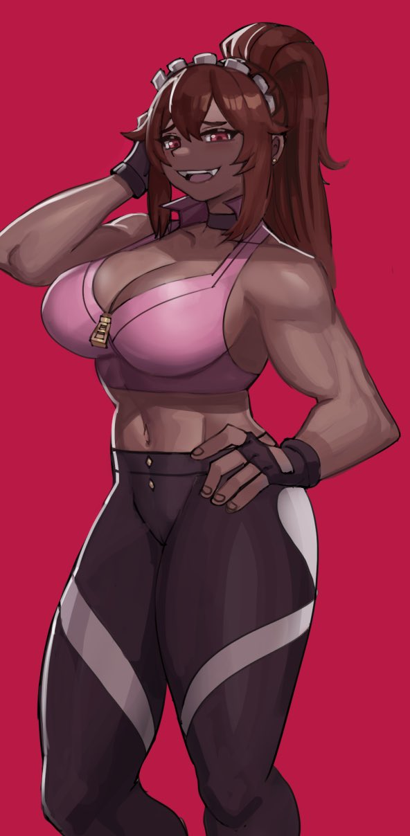 ezzydraws, tsona (nyantcha), original, commentary, commission, english commentary, highres, 1girl, black choker, black gloves, black pants, borrowed character, breasts, brown hair, choker, cleavage, collarbone, cowboy shot, dark-skinned female, dark skin, double-parted bangs, fingerless gloves, gloves, high ponytail, large breasts, long hair, looking at viewer, midriff, navel, open mouth, pants, pink sports bra, ponytail, red background, red eyes, simple background, smile, solo, sports bra, teeth, toned, toned female, upper teeth only, zipper pull tab
