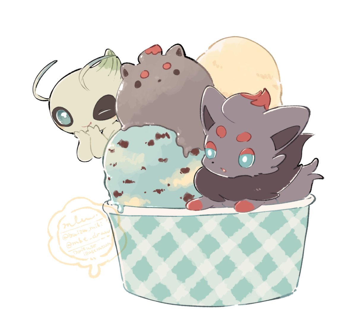 mkt (buizu-miki), celebi, zorua, nintendo, pokemon, commentary, symbol-only commentary, aqua eyes, character-themed food, closed mouth, cup, food, food focus, gen 2 pokemon, gen 5 pokemon, ice cream, legendary pokemon, mythical pokemon, no humans, one eye closed, open mouth, pokemon (creature), pokemon focus, smile, twitter username
