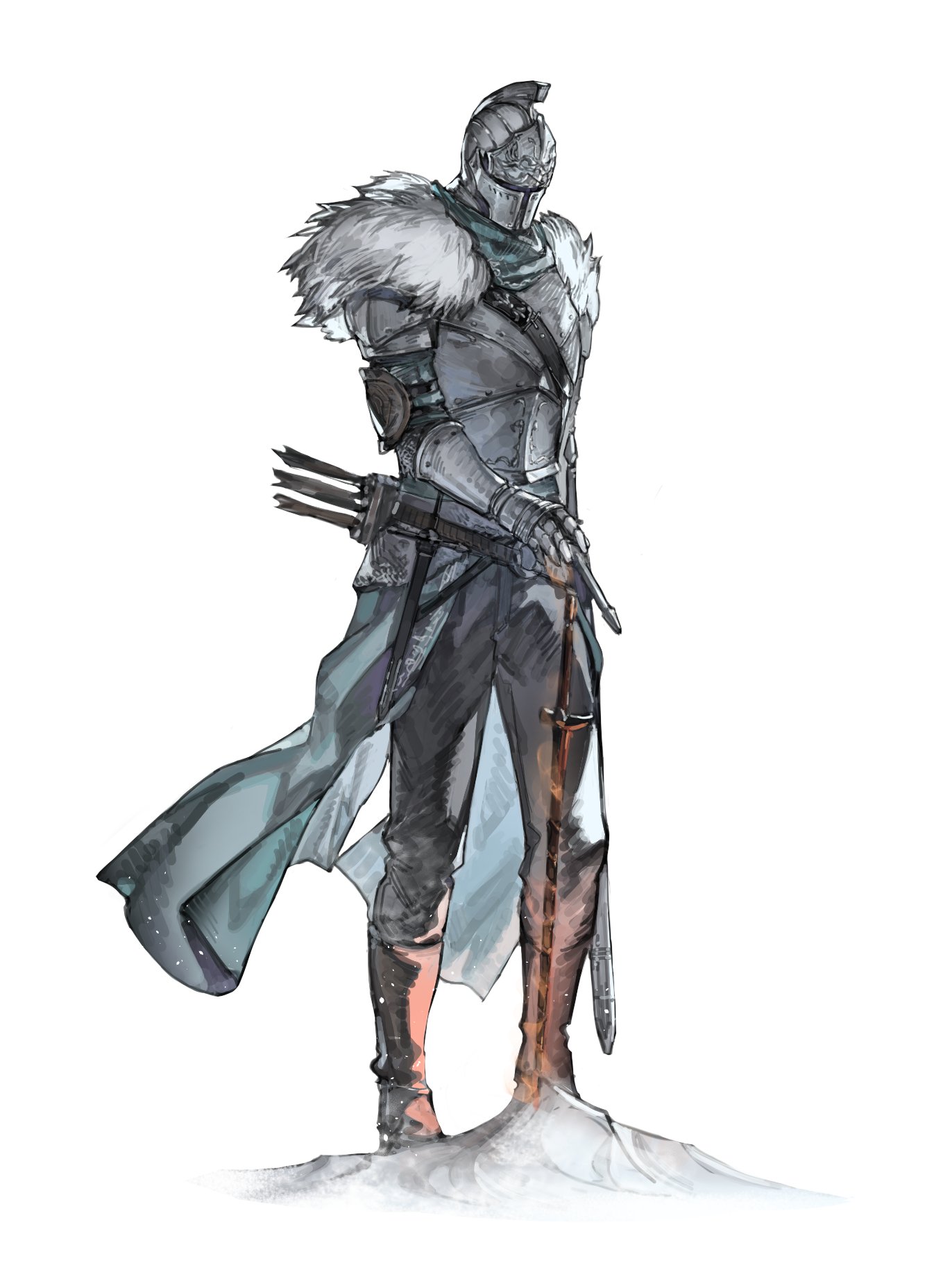 riio, bearer of the curse, dark souls (series), dark souls ii, highres, 1other, armor, arrow (projectile), black pants, boots, breastplate, covered face, full armor, full body, fur-trimmed armor, fur trim, gauntlets, helm, helmet, knight, pants, planted, quiver, sheath, sheathed, simple background, solo, standing, surcoat, sword, weapon, white background