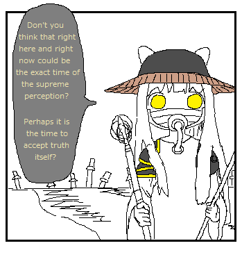 the gardener (shimeji simulation), e.y.e: divine cybermancy, shimeji simulation, commentary, english commentary, lowres, 1girl, animal ears helmet, animal helmet, border, cat helmet, english text, gas mask, glowing, glowing eyes, holding, holding staff, horizon, long hair, mask, oekaki, outdoors, outside border, parody, planted, planted sword, planted weapon, robe, solo, speech bubble, spot color, staff, sword, text focus, upper body, user wpxv7552, weapon, white border, yellow eyes