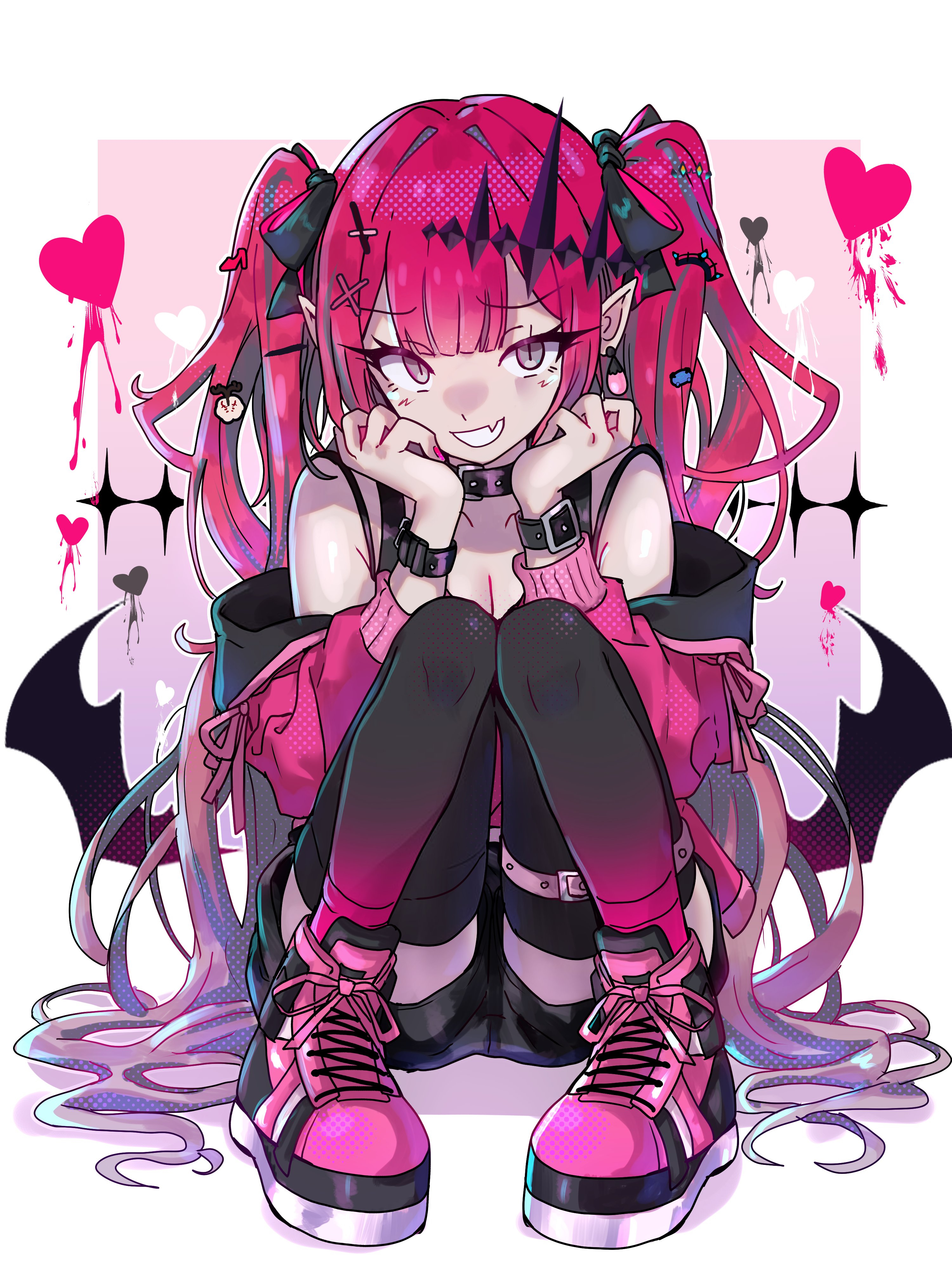 ebora, baobhan sith (fate), fate/grand order, fate (series), absurdres, bad link, highres, 1girl, alternate hairstyle, black bow, black collar, black shorts, black thighhighs, bow, breasts, cleavage, collar, earrings, fang, grey eyes, hair bow, hair ornament, hair spread out, hairclip, heart, jacket, jewelry, long hair, looking at viewer, medium breasts, off shoulder, pink hair, pink jacket, pink shoes, pointy ears, shoes, shorts, skin fang, slit pupils, smile, sneakers, solo, thighhighs, tiara, twintails, very long hair