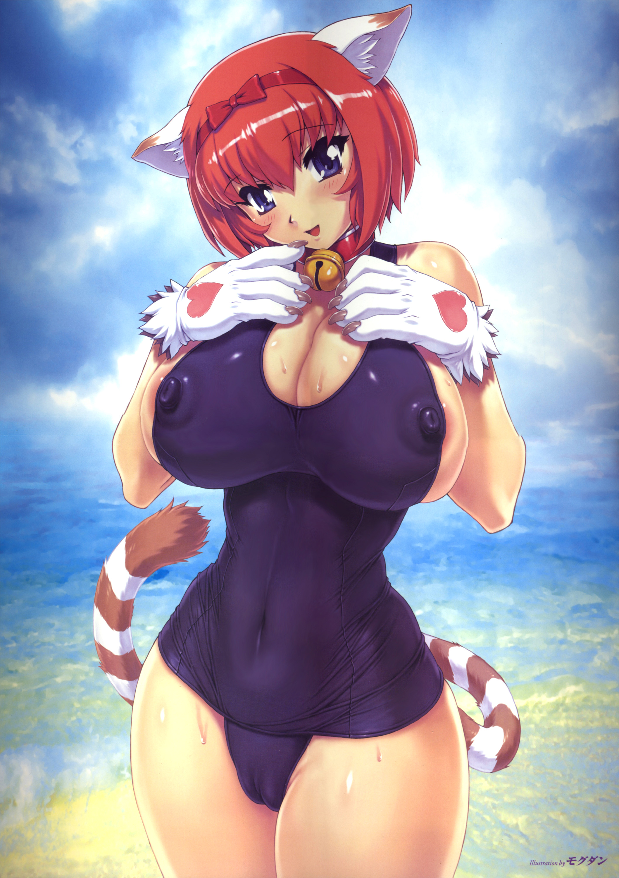 absurdres, highres, animal ears, bell, blue eyes, blush, cat ears, collar, gloves, red hair, short hair, swimsuit, wet