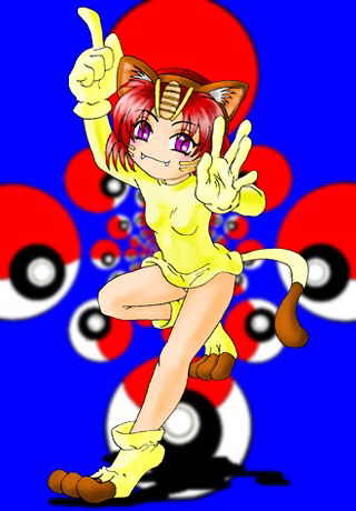 meowth, nintendo, pokemon, lowres, 1girl, animal ears, cat ears, fang, gen 1 pokemon, gloves, personification, purple eyes, red hair, short hair