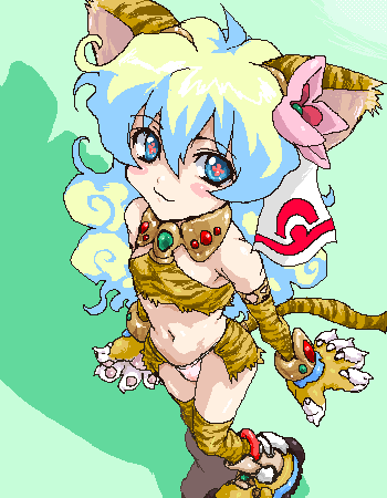 nia teppelin, tengen toppa gurren lagann, lowres, 00s, :3, animal ears, blue eyes, blue hair, blush, cat ears, flat chest, gloves, green hair, long hair, red eyes, thighhighs