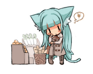 lowres, animal ears, blush, boots, bow, bread, cat ears, chibi, denkishi, dress, food, fruit, green hair, long hair, orange (fruit), radish