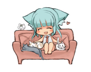 lowres, :3, animal ears, blush, cat, cat ears, chibi, denkishi, green hair, long hair, necktie