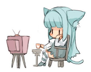 lowres, animal ears, blush, cat ears, chibi, denkishi, dress, green hair, long hair, thighhighs