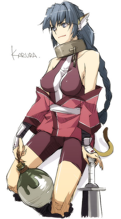 karulau, utawarerumono, 00s, 1girl, animal ears, armor, blue eyes, blue hair, boots, braid, cat ears, chain, collar, female focus, gloves, long hair, matching hair/eyes, plait, shorts, simple background, solo, sword, weapon