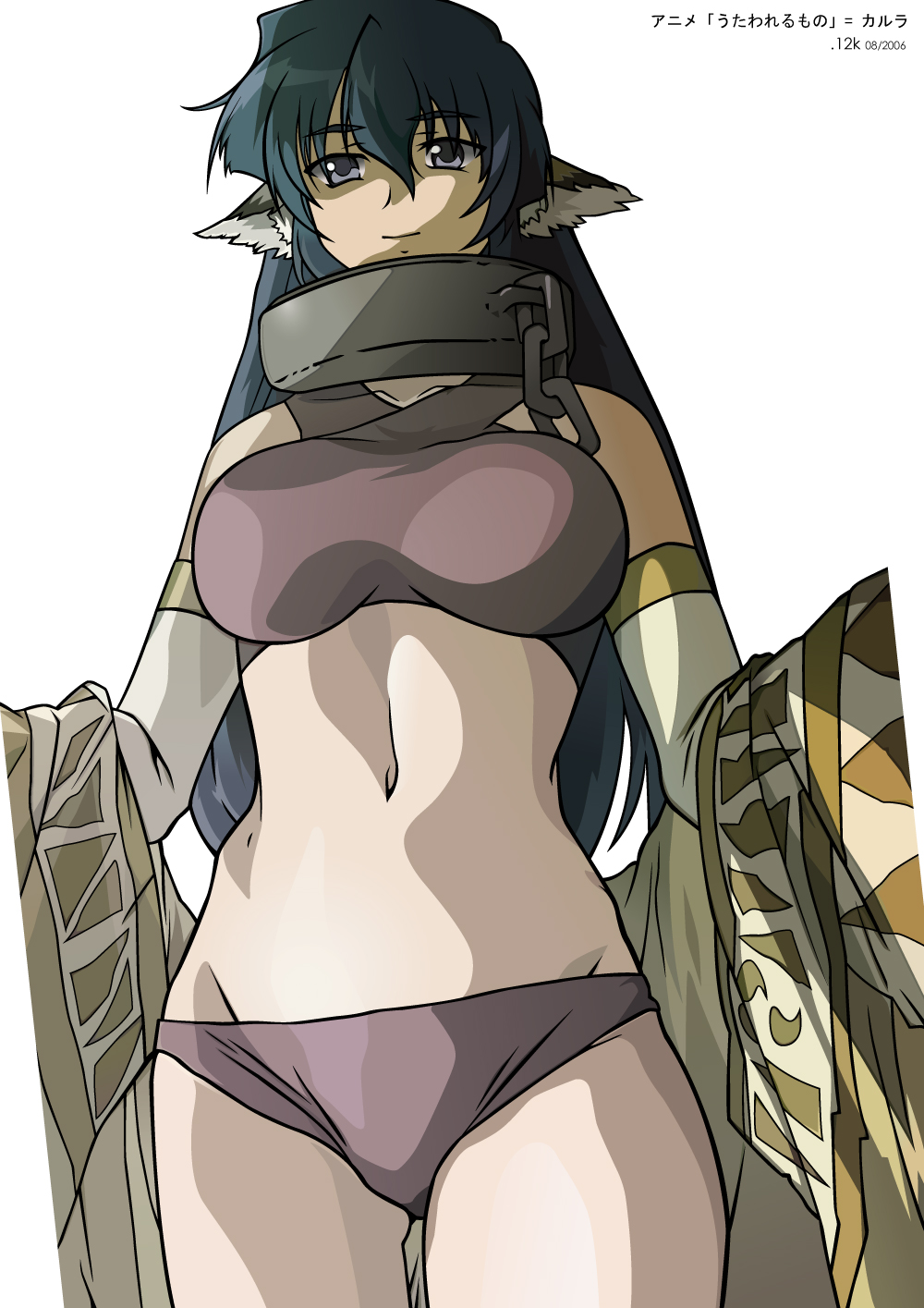 karulau, utawarerumono, derivative work, highres, vector trace, 00s, 1girl, animal ears, bikini, blue eyes, blue hair, cat ears, chain, collar, cuffs, female focus, long hair, matching hair/eyes, panties, simple background, solo, swimsuit, underwear