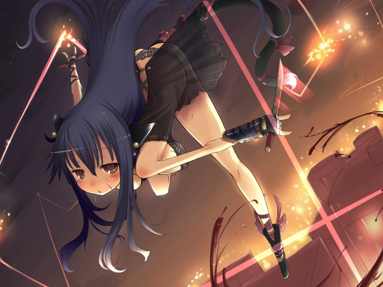 kawahara megumi, original, light, 1girl, animal ears, armor, bare shoulders, bent over, black boots, black hair, black panties, blue hair, blush, boots, bow, brown eyes, cat ears, dress, female focus, foreshortening, full body, gloves, glowing, knee boots, lace, lace-trimmed panties, lace trim, legs, light rays, lingerie, long hair, looking at viewer, outstretched arms, panties, ribbon, sidelocks, solo, string, sword, thighs, underwear, very long hair, weapon