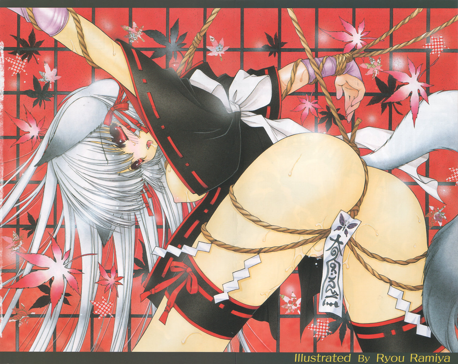 ramiya ryou, highres, 1girl, albino, animal ears, artist name, bdsm, blouse, blush, bondage, bottomless, bound, bow, breasts, crotch rope, female focus, fox ears, frilled thigh strap, gloves, grey hair, hair ribbon, japanese clothes, kimono, leaf, long hair, miko, nipples, ofuda, open clothes, open shirt, pussy juice, red eyes, ribbon, rope, ryou ramiya, saliva, shirt, solo, tail, thigh strap, white hair