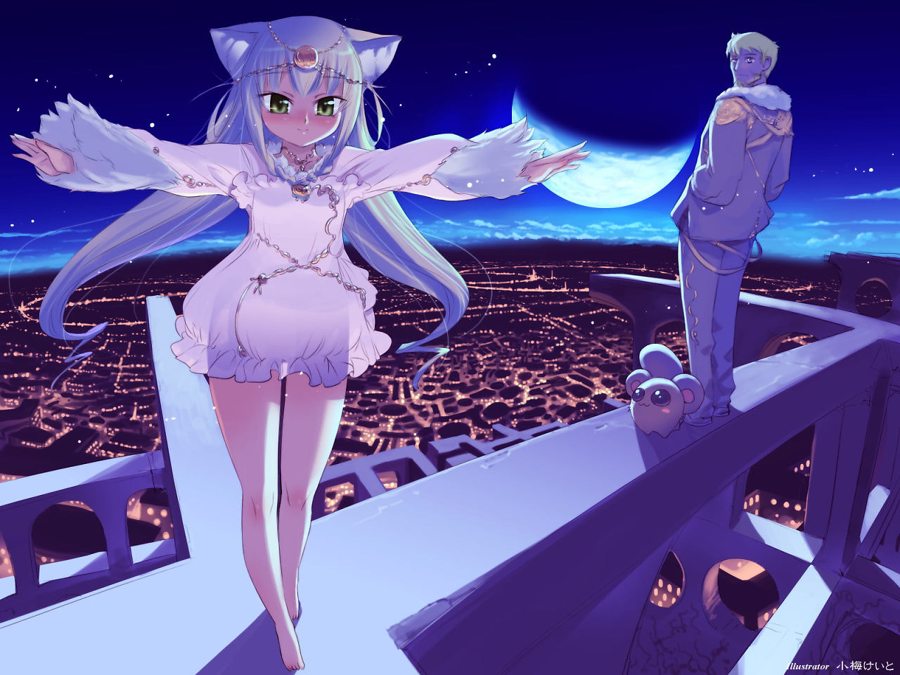 koume keito, cannonball ~neko neko machine mou-race!~, light purple hair, 1boy, 1girl, animal ears, arch, bare legs, barefoot, blonde hair, blue eyes, blue hair, blush, breasts, cat ears, chain, city, cityscape, creature, crescent moon, dress, green eyes, long hair, moon, night, night sky, outstretched arms, planet, see-through clothes, short hair, sky, small breasts, spread arms, star (symbol), twintails, very long hair, white hair