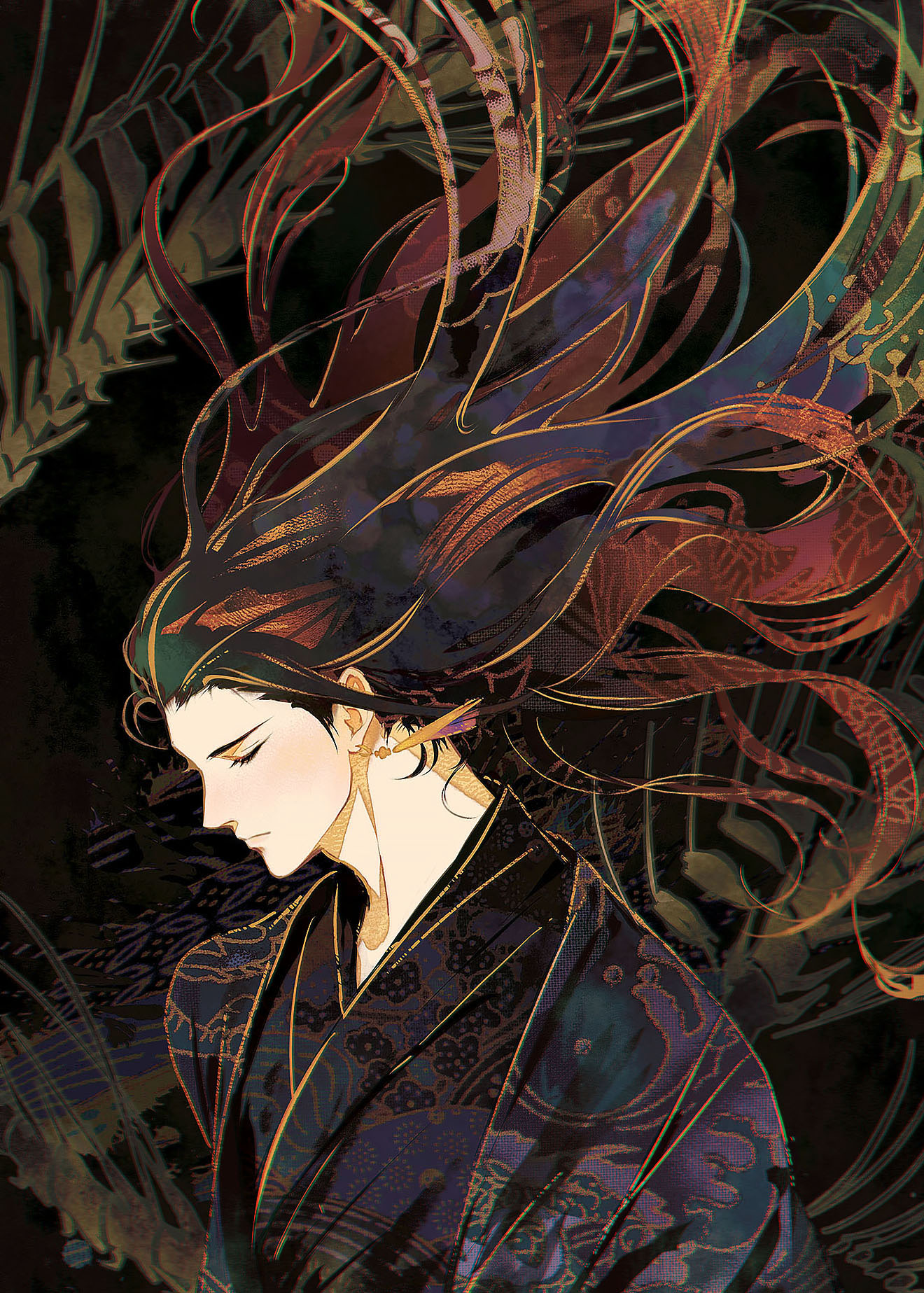 kkcoocool, he xuan, tianguan cifu, highres, 1boy, animal skeleton, black background, black hair, black hanfu, brown hair, chinese clothes, closed eyes, closed mouth, colored lineart, earrings, fish skeleton, floating hair, gold earrings, hanfu, jewelry, long hair, long sleeves, male focus, patterned hair, print robe, purple hanfu, solo, upper body, water