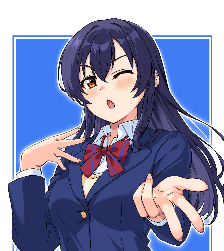 infinite moppy, sonoda umi, love live!, love live! school idol project, 1girl, blazer, blue background, blue hair, blue jacket, blush, bow, bowtie, breasts, gyaru w, hair between eyes, hands up, heart, heart-shaped pupils, jacket, long hair, long sleeves, looking at viewer, one eye closed, open mouth, otonokizaka school uniform, outline, red bow, red bowtie, school uniform, simple background, solo, striped bow, striped bowtie, striped clothes, sweatdrop, symbol-shaped pupils, upper body, w, white outline, winter uniform, yellow eyes