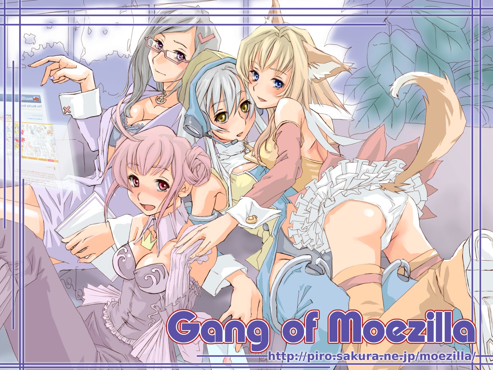 piro (artist), mozilla (character), nvu, seamonkey, mozilla firefox, mozilla thunderbird, os-tan, silver hair, highres, 4girls, ahoge, animal ears, ass, blazer, blonde hair, blue eyes, blush, boots, bra, breasts, cleavage, detached sleeves, double bun, dress, fox ears, fox tail, frills, gang of moezilla, gathers, glasses, hair bun, hair ornament, hairclip, headset, jacket, jewelry, leotard, lingerie, long hair, looking back, miniskirt, moe (phrase), multiple girls, panties, pendant, pink eyes, pink hair, purple dress, purple eyes, shirt, skirt, sleeveless, tail, thigh boots, thighhighs, underwear, white panties, yellow eyes, yuri
