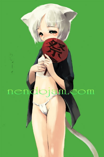 nendojam, 1girl, animal ears, bandages, blush, cat ears, cat tail, female focus, flat chest, fundoshi, hand fan, japanese clothes, loli, panties, short hair, solo, tail, thong, underwear, white hair