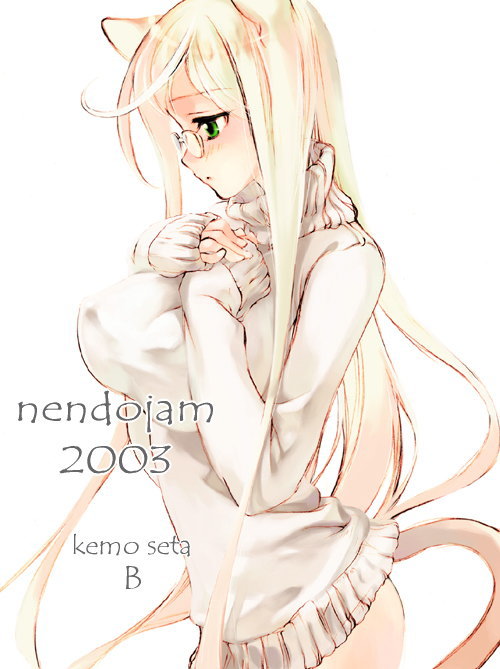 lugosi ela, nendojam, 1girl, animal ears, blonde hair, cat ears, cat tail, female focus, glasses, green eyes, long hair, solo, sweater, tail, white hair